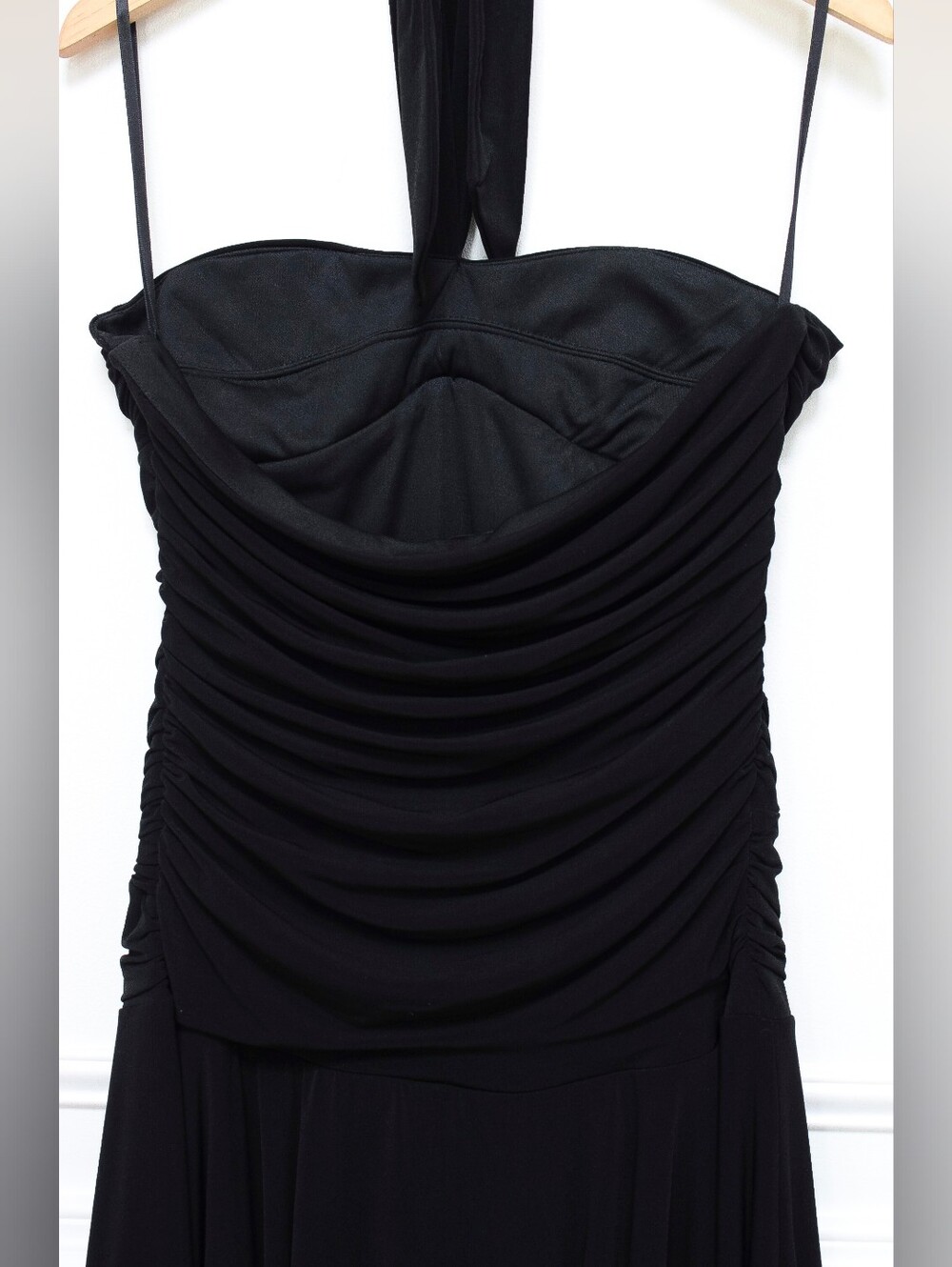 Vintage Black Asymmetrical Halter Dress Ruched Drop Waist Size 16 Y2K 90s Hoco - Picture 6 of 9